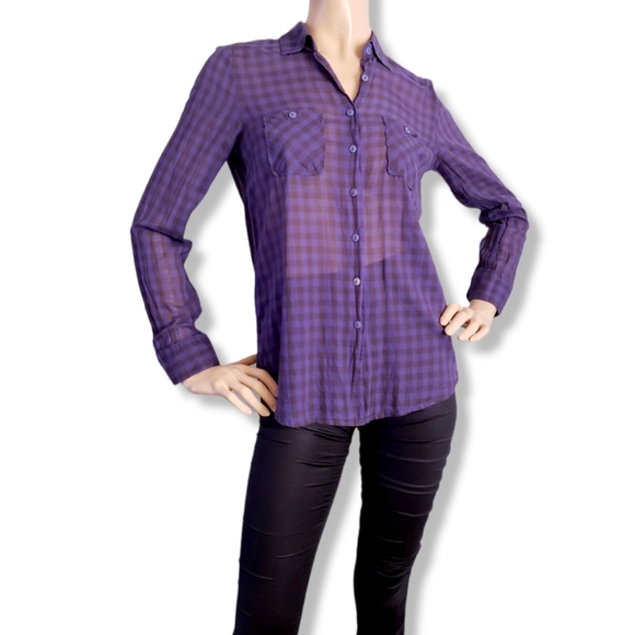 BCBGeneration Blue & Black Plaid Semi-Sheer Button Down Shirt - Picture 8 of 8